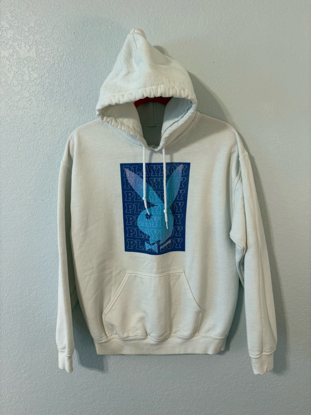 PLAYBOY Cream Hoodie with Blue Graphic Bunny